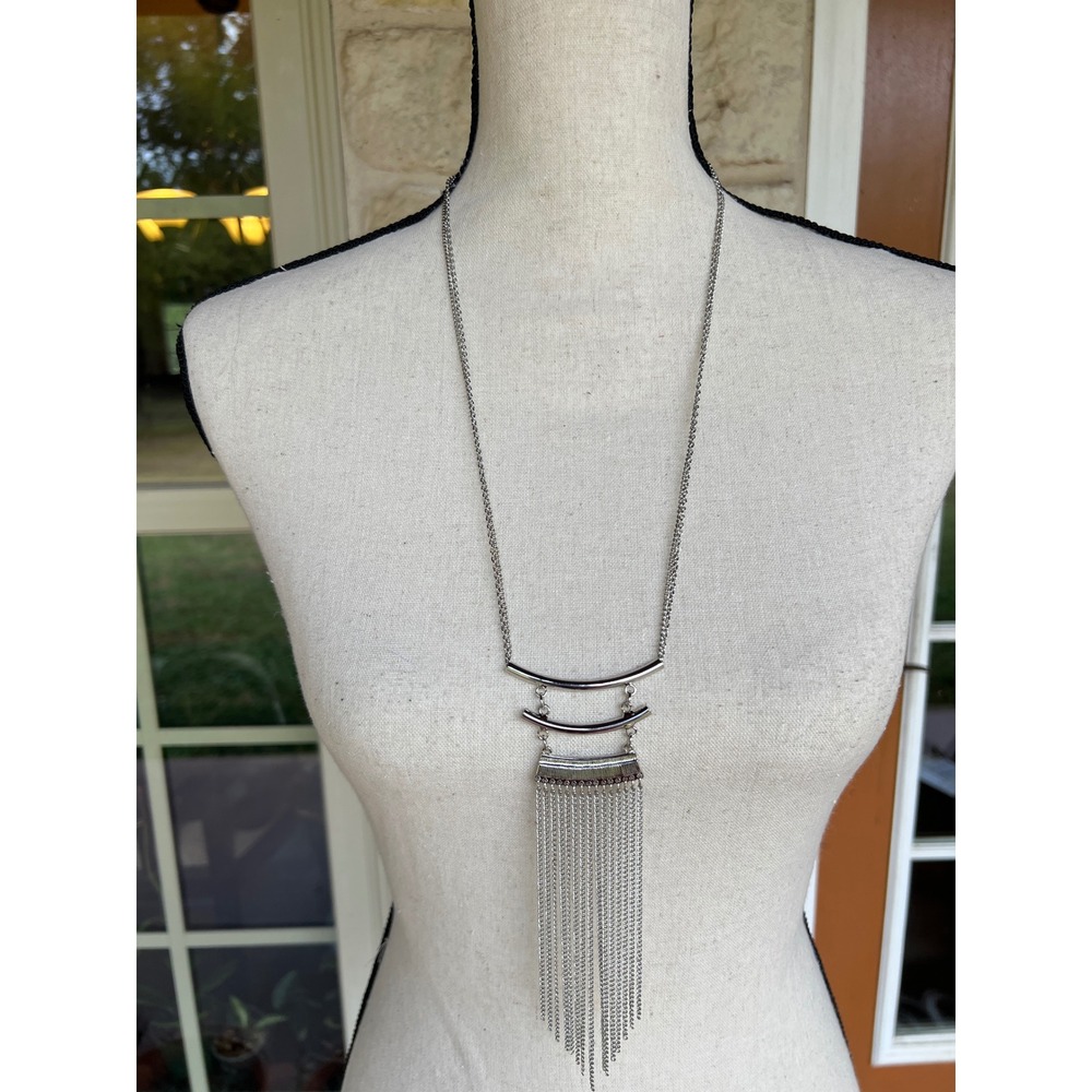 Steel NYC Silver Tone Tiered Bar Fringe Tassel Long Necklace NWT